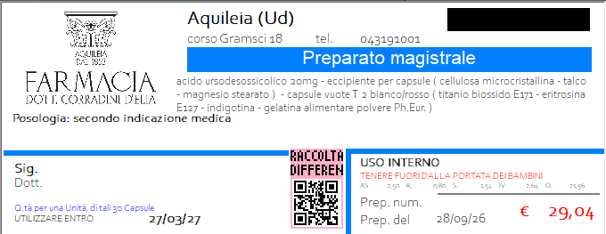 Etichetta dimostrativa con la dicitura Posologia: secondo indicazione medica. Non sono specificate quantità da assumere, frequenza o durata della terapia.